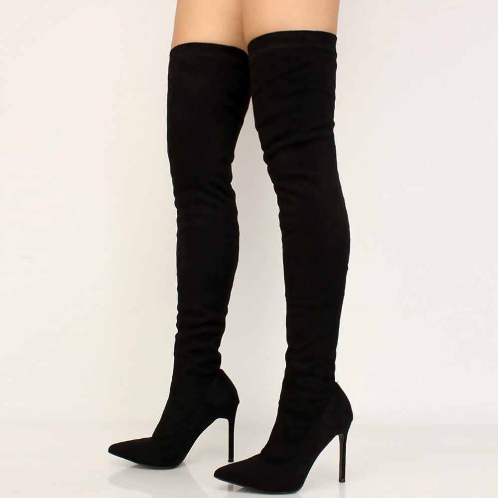 HOT🔥 Black Stretchy Over The Knee High Boots Stiletto Heel Pointed Toe Pull-On - Picture 5 of 7